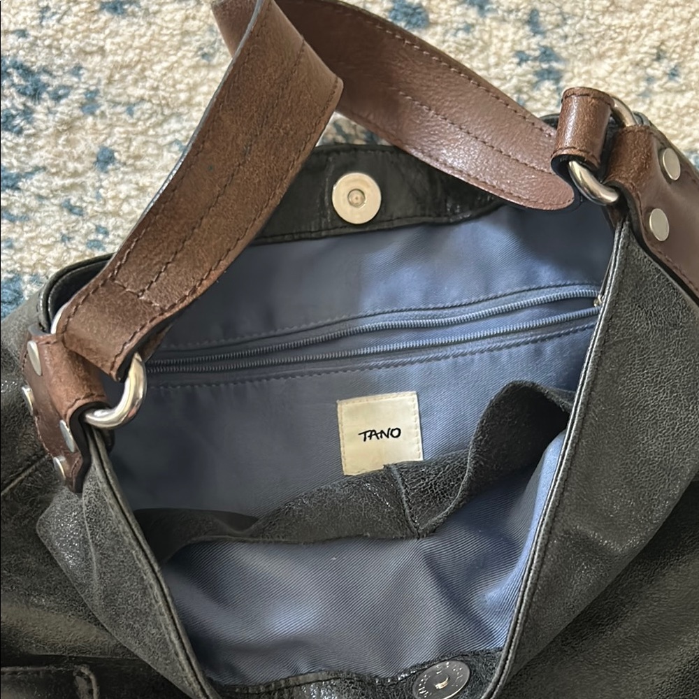 Tano Black Leather Shoulder Bag with Silver Accents - Picture 2 of 4